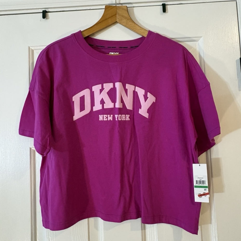 DKNY Sport Purple Logo Solid Crew Neck Short Sleeve T-Shirt Women's L DP4T9945